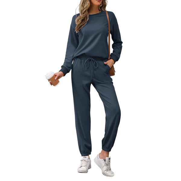 REORIA Damen Tracksuit Langarm Rundhalsausschnitt Einfarbig Zweiteiler Outfit Hoodie Jogger Trainingsanzug Set Sweatshirt & Jogginghose Marine L