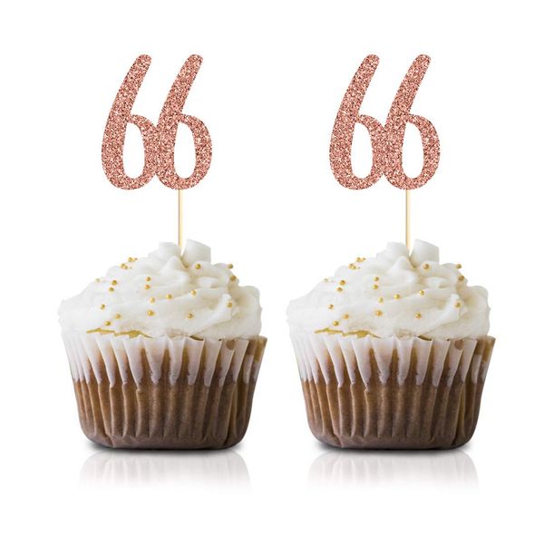 Rose Gold 66th Birthday Cupcake Topper, 24-Pack Number 66 Glitter Happy Birthday Party Cupcake Toppers, Decorations