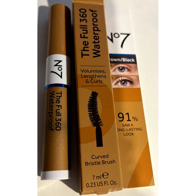 No7 The Full 360 Mascara 0.23oz WATERPROOF Brown/Black Volumes, Lengthens New