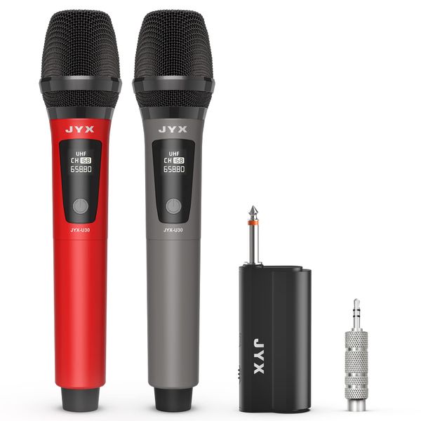 JYX Wireless Microphones, Dual UHF Handheld Dynamic Mic with Receiver, 6.35mm(1/4") Output,3.5mm (1/8") Adapter,160ft Range, Metal Rechargeable Karaoke Microphones for Party, Wedding, Class, Speech