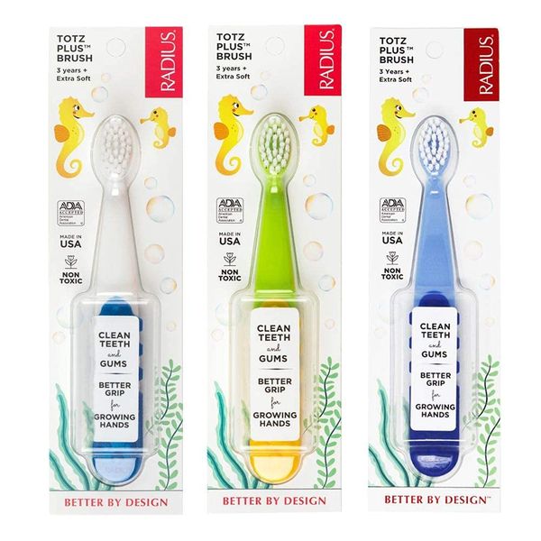 RADIUS Totz Plus Brush Kids Toothbrush Silky Soft BPA Free ADA Accepted Designed for Delicate Teeth & Gums for Children 3 Years & Up - Assorted - Pack of 3