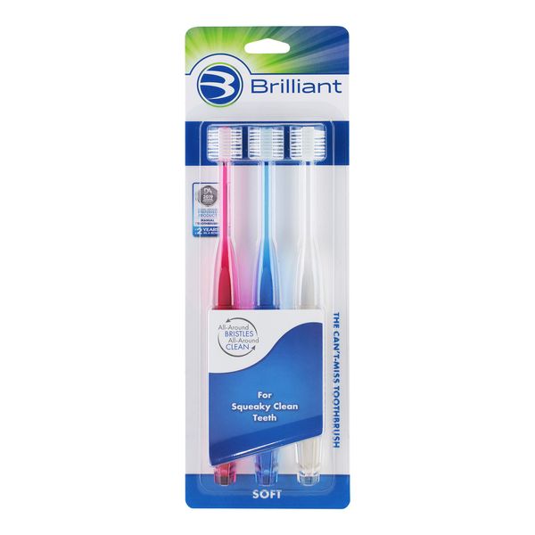 Brilliant Soft Bristle Toothbrush for Adults - Round Brush Head Micro-Fine, Rounded-Tip 360 Degree All Around Bristles, Sensitive Tooth Brush, Oral Hygiene Products, Red-Clear-Blue, 3 Count