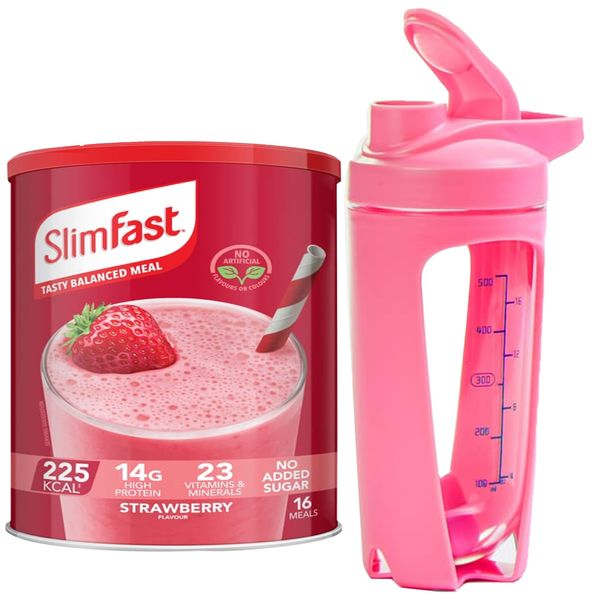 Katsy Style Slim Shake Powder Strawberry (584g) & Protein Shaker (670ml Pink) – Smooth & Convenient Mixing Set