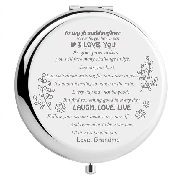 CREATCABIN Compact Pocket Mirror To granddaughter Makeup Mirror Inspirational Quote Travel Two-sided Folding Gift From Grandma Granddad for Women Girls Graduation Birthday Christmas Ideas Gift Silver