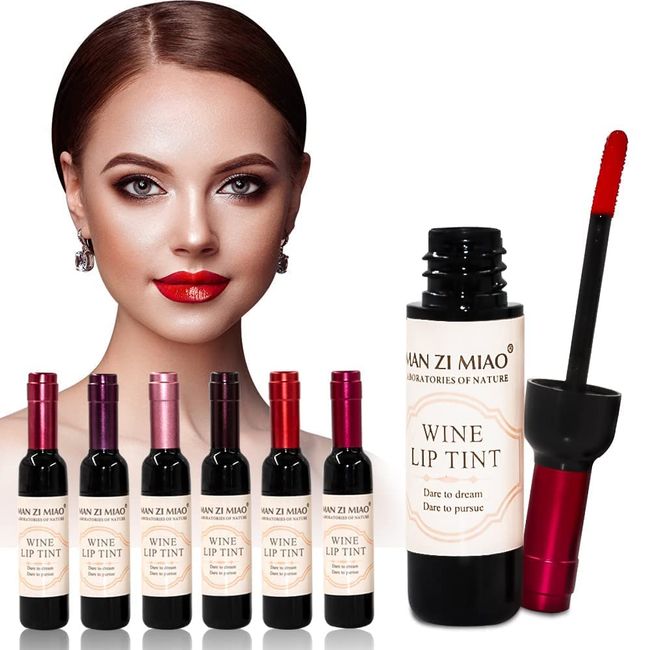 6 Colours Wine Lip Tint, Wine Bottle Lip Tint Set Wine Lip Tint Mini Lipstick Long Lasting Non-Stick Cup Liquid Wine Lipstick Gift for Girls and Women