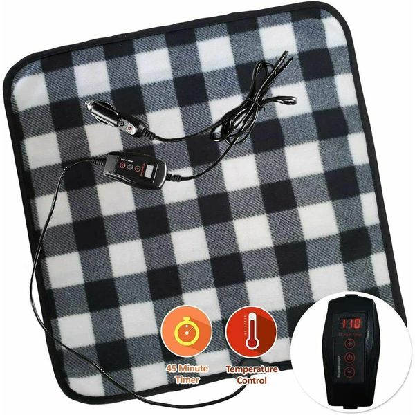 Universal 12-V Car Heated Travel Blanket Black Buffalo Plaid Fleece Warming Pad