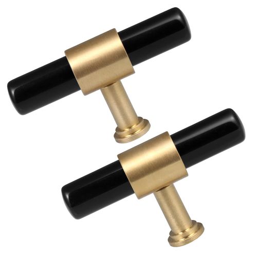 TUMBEELLUWA Set of 2 Crystal Stone T Bar Pull Handles with Screws, Brushed Brass Single Hole Quartz Stick Hardware Cabinet Knobs for Dresser Cupboard Kitchen Decor, Black Obsidian