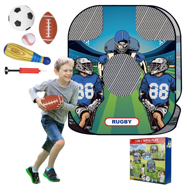 imagifun 3-in-1 Volleyball Baseball Rugby Set, 3-in-1 Toss Toys Game Set, Throwing Target Toy, Soft Baseball, Inflatable Football, Rugby, Triple Play Sports, for Indoor Outdoor Backyard Toss