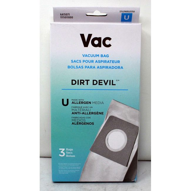 Dirt Devil Type U W/Allergen Media Vacuum Bags White 3 Pack