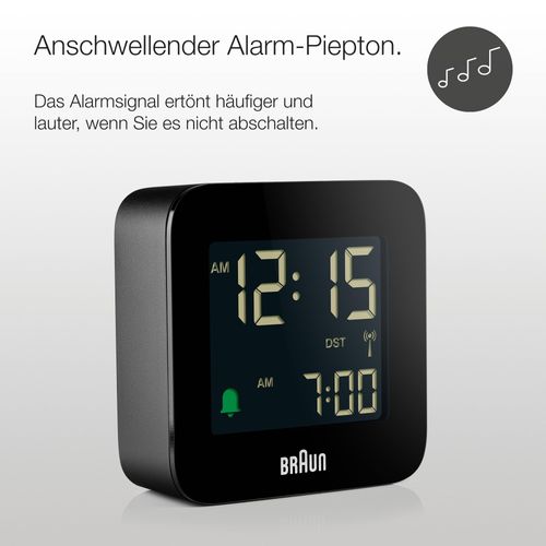 Braun Digital Travel Alarm Clock Central European Time Zone (CET) with Snooze Function, Compact Size, Negative LC Display, Crescendo Alarm in Black, Model BC08B-DCF