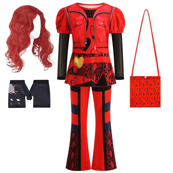 RELARLiYA Red Costume Jumpsuits for Girl Princess Red Dress Halloween Party Dress up for Kids Wig Included 5-12Y