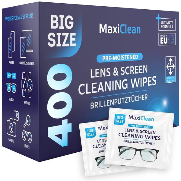 Glasses Wipes Lens Cleaner - Lens Wipes for Eyeglasses - 400 Pre-moistened Individually Wrapped Wipes for Eye Glasses, Electronics, Phone, Computer, Laptop Screen - Camera Lens Cleaner - Made in EU