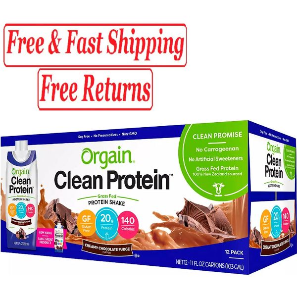 Orgain Clean Protein Grass Fed Shake, Creamy Chocolate Fudge (12 ct.)