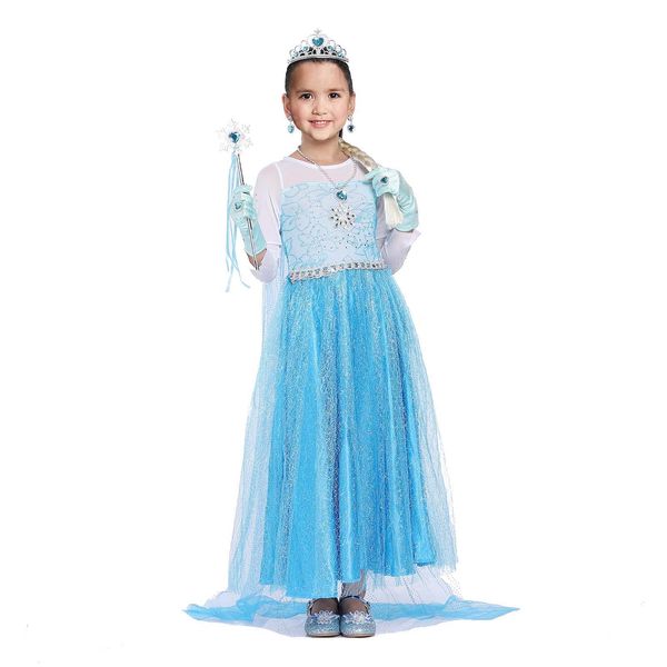 Twister.CK Princess Dress Fancy Costume for Girls Birthday Party Dress Up Cosplay with Wig Gloves Jewelry Cloak Purse Crown Wand Blue