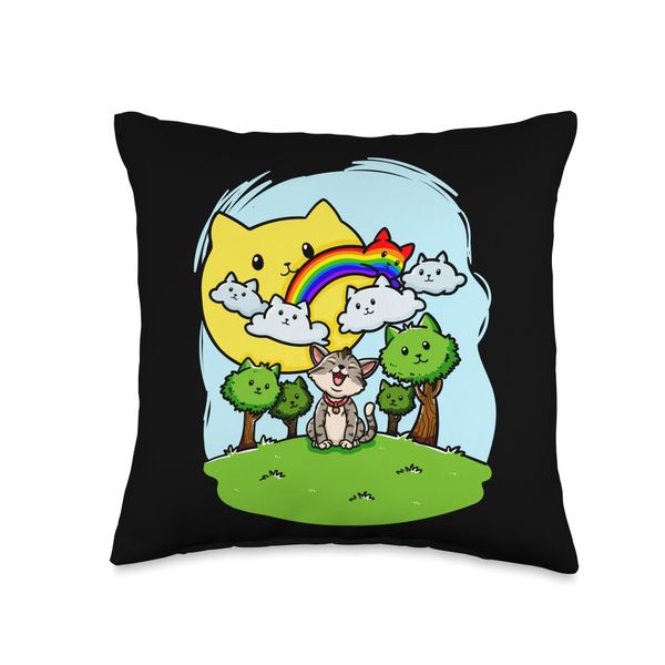 Cute Rainbow Cat World Happy Kitten Sun Trees Clouds Cat Throw Pillow