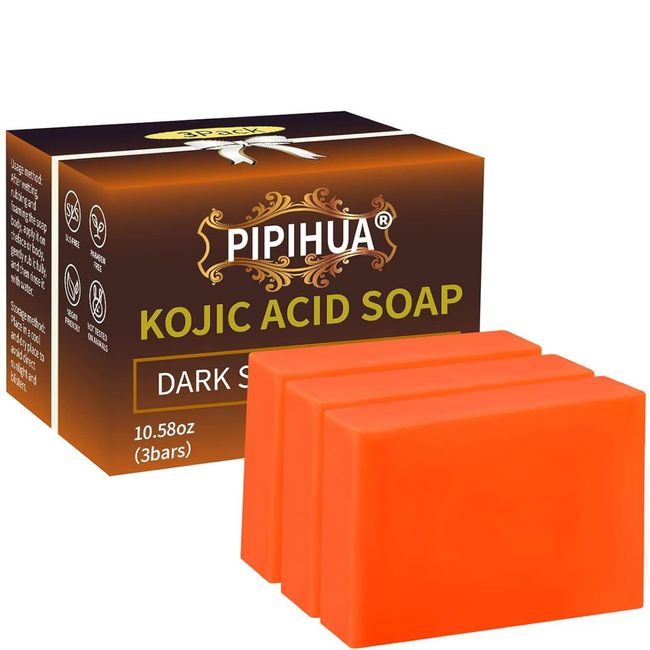 PIPIHUA Kojisäure-Seife, Vitamin C Seifenstück für Hyperpigmentierung, Entfernen Dunkler Flecken, Kurkuma Seifenstück für Gesicht und Körper Badeseife (3×100g)