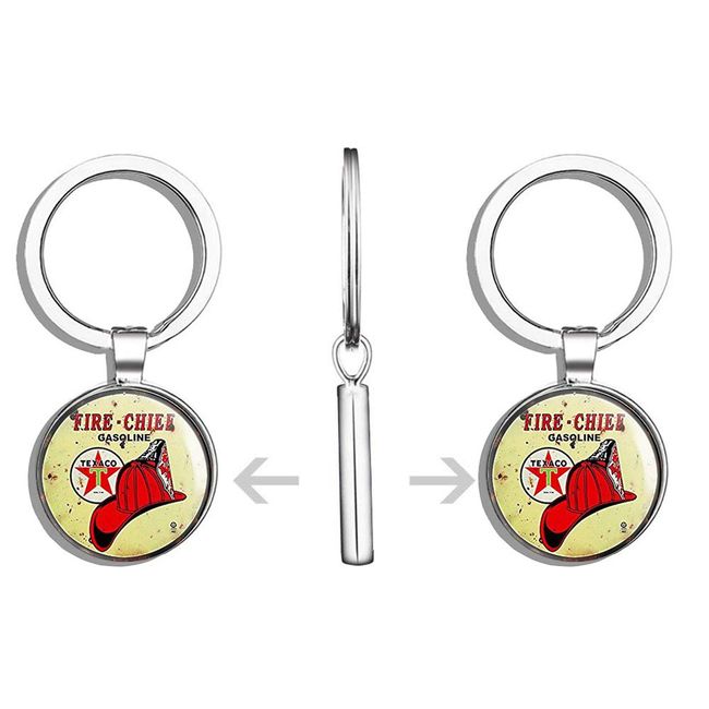 HJ Media Round Vintage FIRE Chief Texaco Gas (Gasoline Logo Old Rat Rod) Metal Round Metal Key Chain Keychain Ring