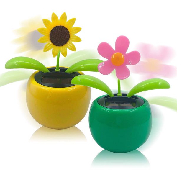 Mecmbj Solar Powered Dancing Flower, 2PCS Plastic Solar Dancing Flowers Ornament Shaking Head Solar Powered Car Toy for Car Office Desk Decoration