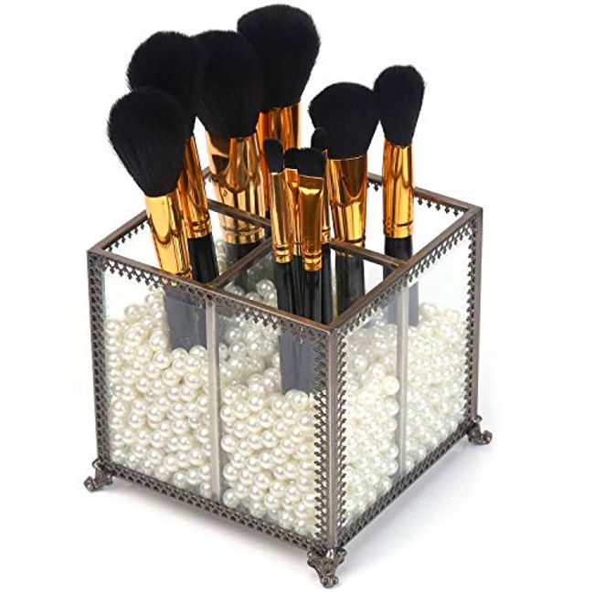 PuTwo Makeup Brush Holder Glass and Brass Vintage Makeup Brush Organizer  Handmade Cosmetic Brush Storage with White Pearls for Dresser Vanity