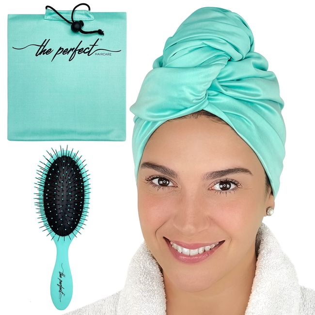 THE PERFECT HAIRCARE Ultra İnce Mikrofiber Saç Havlusu Sargı ve Islak/Kuru Dolaşık Açıcı Saç Fırçası Kıvırcık veya Dalgalı Saçlı Kadınlar ve Çocuklar için Kıvırcık Önleyici Türban - Hızlı Kurur - Seyahat için İyi (Aqua)