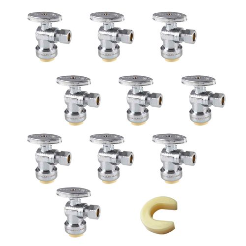 (Pack of 10) EFIELD Push Fit 1/4 Turn Angle Stop Valve Water Shut Off 1/2 Push x 3/8 Inch Compression Chrome with a Disconnect Clip