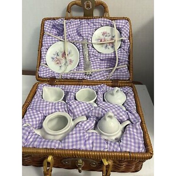 Vintage Children’s Tea Set In Wicker Picnic Basket With 13 Pieces