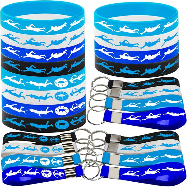 PIBIPAID 24PCS Swimming Rubber Bracelets Keychains Party Favors-Sport Themed Silicone Bracelets Party Supplies Swimming Action Themed Birthday Baby Shower Party Decorations