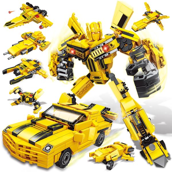 Transforming Building Blocks Set for Adults, Convertible Truck and Robot Building Kit Model, 6 in 2 Building Creative Action Mech Toys Halloween Xmas Gift for Boys and Girls (Yellow)