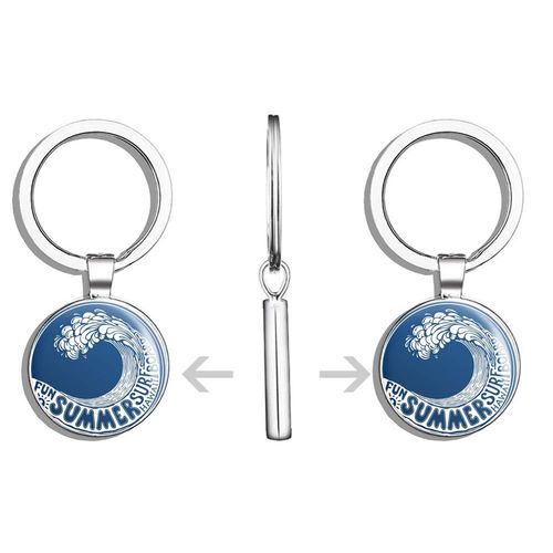 Glover Trading Hawaii Wave Surf Board Round Steel Metal Key Chain Keychain Ring Double Sided Deisgn