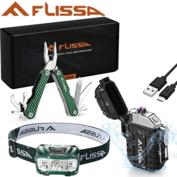 Flissa 3PCS Waterproof LED Headlamp & Windproof Lighters 12 in 1 Multitool Plier