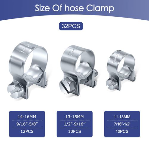 32pcs Fuel Injection Hose Clamps Kit - 1/4inch 5/16inch 3/8inch Fuel Line Clamps for Automotive Diesel Petrol Pipe Hose Clamps Assortment