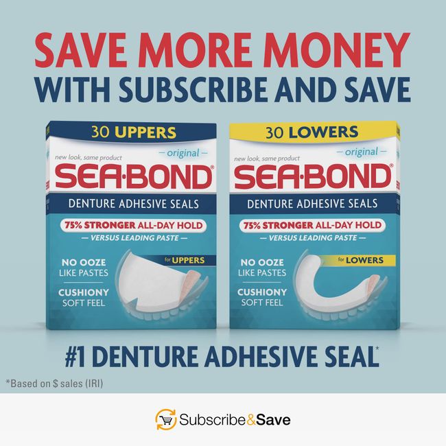 Sea Bond Secure Denture Adhesive Seals, Original Lowers, Zinc-Free,  All-Day-Hold, Mess-Free, 30 Count (Pack of 1)