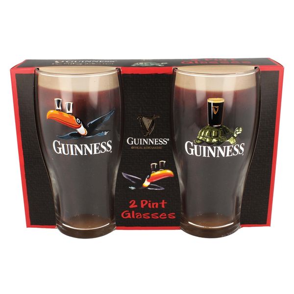 Guinness Official Merchandise Tortoise/Toucan Gilroy 2 Pint Glass Set Transparent