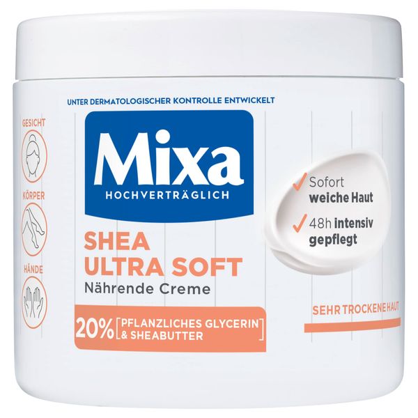 Mixa Shea nährende Creme, für Gesicht, Körper & Hände mit 20% pflanzlichem Glycerin & Sheabutter für sehr trockene Haut, für die ganze Familie, pflegend & feuchtigkeitsspendend Shea Ultra Soft, 400ml