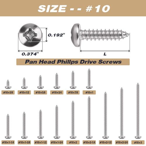 #10 x 1-3/4" Pan Head Phillps Drive Self Tapping Screws, 304 Stainless Steel, Round Head Sheet Metal Tek Screws, 50 PCS