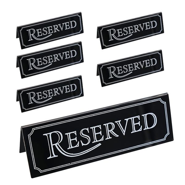 6 Pieces Reserved Signs for Tables, Black Double Sided Acrylic Tabletop Tent Type Sign Place Card Table for Restaurant Wedding Reception Parties Events Celebrations (Black)