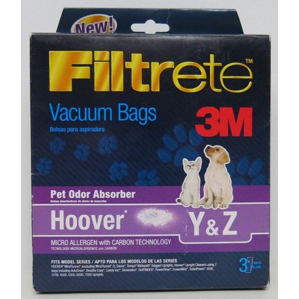 Filtrete 3M Pet Odor Vacuum Bags For Hoover Type Y & Z  3 Pack Micro Allergen