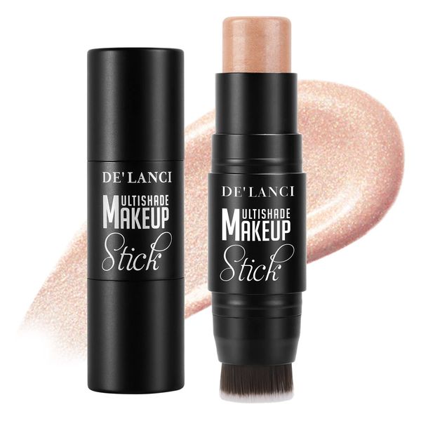 Neuer 3-in-1 Creme Highlighter Stick mit Pinsel, Wasserfester und Langlebiger Highlighter Makeup Stick, Mischbarer Gesicht Körper Creme Schimmer Stift für alle Hauttöne, Cream