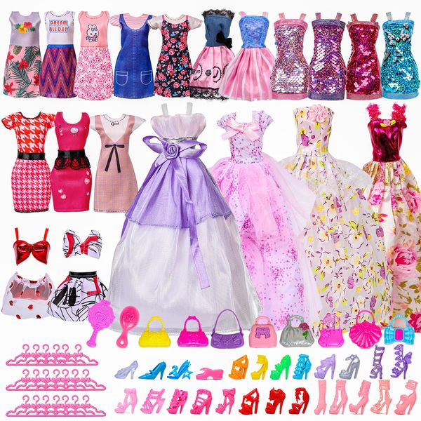 DDUNG 75pcs Doll Clothes and Accessories, 4 Wedding Gowns 10 Fashion Dresses 4 Slip Dresses 2 Bikini Swimsuits 25 Shoes 20 Hangers 8 Handbags 2 Combs for 11.5 Inch Doll