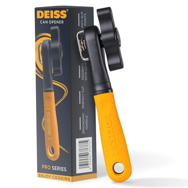 Deiss Pro Heavy Duty Can Opener Manual Smooth Edge, Handheld Can Opener With Soft Touch Handle, Rust Proof Safety Can Opener Oversized Handheld Easy Turn Knob, Best Large Lid Openers (ORANGE)