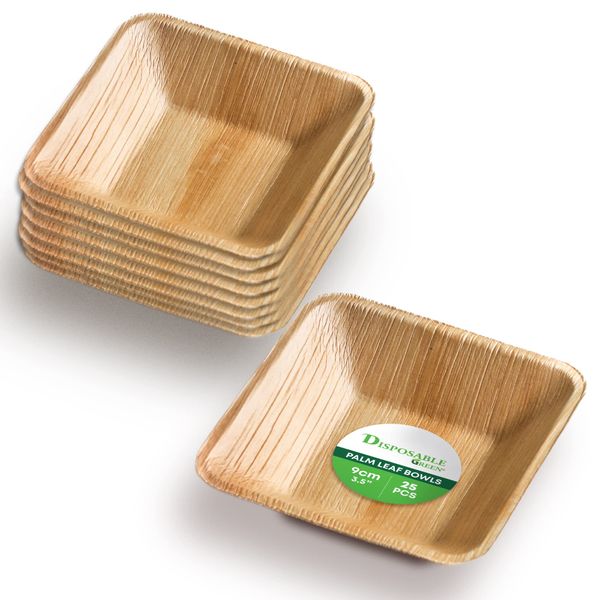 DISPOSABLE GREEN – Square Disposable Bowls, Areca Leaf Serving Bowls, Serving Bowls for Parties, Weddings, Catering, & More, Disposable Bowls for Hot Food & Cold Food, 9L x 9W x 2D cm, 25-Pcs