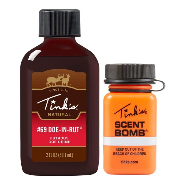 TINK'S Scent Bomb and #69 Doe-in-Rut Buck Lure | Use as a Scent Lure, Deer Attractant & Trail Marker | Refillable & Reusable Bottle, Easy Application, Squirt Top | Deer Hunting Accessories