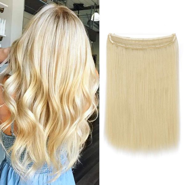 Silk-co 16in Wire in Hair Extensions One Piece Hairpiece Sythetic Hidden Elastic Long Straight Half Head Bleach Blond