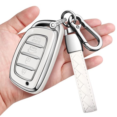 Sindeda Key Fob Cover with Keychain Soft Full Protection Key Shell Compatible with Hyundai 2016-2021 Elantra Elantra GT Ioniq Sonata Tucson Smart key (White)