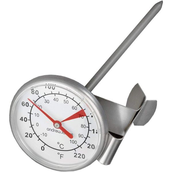 Andrew James Milk Thermometer with Clip for Frothing Jug | Stainless Steel Thermometer and Probe | Celsius and Fahrenheit Scale | Coffee Accessory