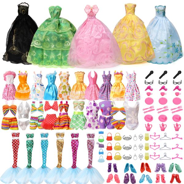 111 Pcs Doll Clothes and Accessories, 5 Wedding Gowns 10 Fashion Dresses 6 Mermaid Dress 15 Bikini Swimsuits 10 Shoes 5 Bag 60 Dollhouse Play Set, 11.5 inch Doll Christmas Stocking Stuffers Girls Gift