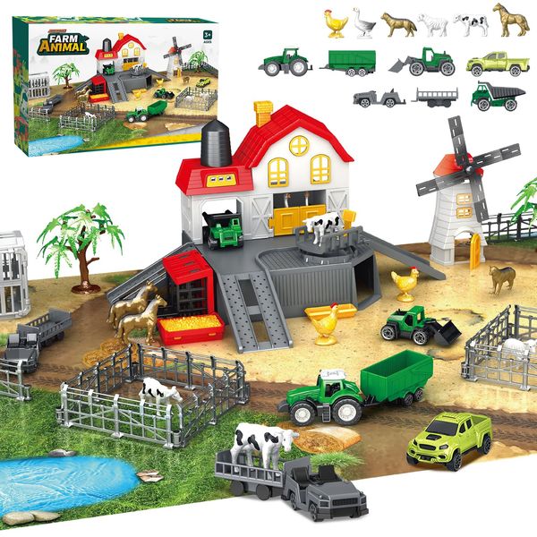 deAO Farm Animal Toy Set with Red Barn,39 Pcs Farm Animal Tractor Toys Playset with 35 in Play Mat,Trailer Fence,Farmer,Tree,Cow,Farm Toy for Boys Girls Kid,Ideal Christmas Birthday Gifts