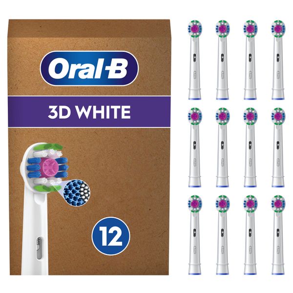 Oral-B 3D White Electric Toothbrush Head with CleanMaximiser Technology, Angled Bristles for Deeper Plaque Removal, Pack of 12 Toothbrush Heads, White