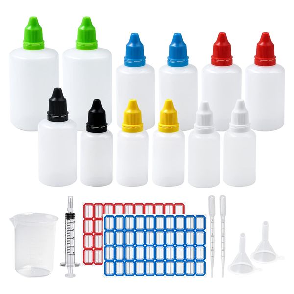 Tropfflasche Leer Plastikflaschen Reiseflasche Liquidflaschen Quetschflaschen Dosier-flaschen mit Kindersicherung Deckel Inkl. Trichter Messbecher Etiketten Transfer Pipette (100+50+30ml)