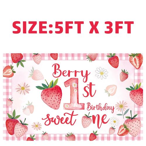 Wenioerz Pink Strawberry Theme Birthday Party Decorations, Berry First Birthday Supplies Backdrop，Sweet One Birthday Supplies Backdrop for Kids Strawberry Birthday Party Supplies 5FT*3FT